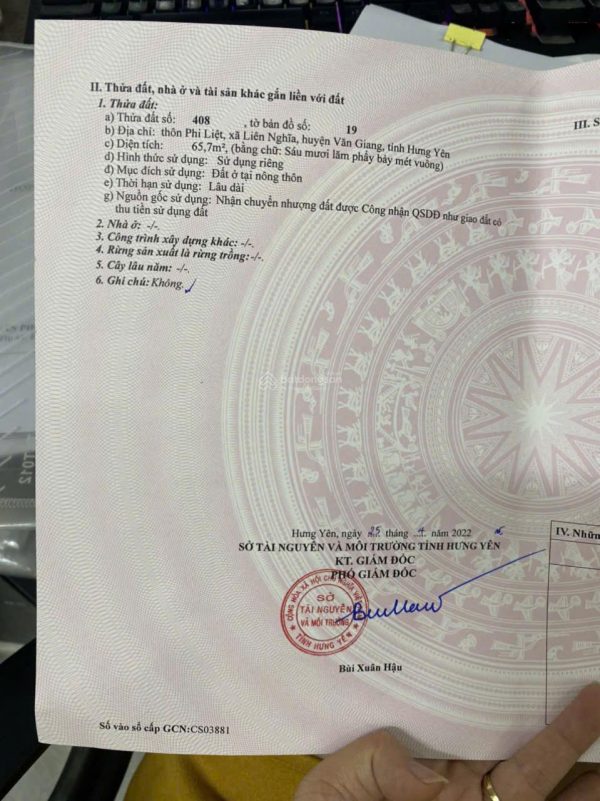 Bán đất nền 65.7 m2 tại thôn Phi Liệt, Xã Liên Nghĩa, Văn Giang, Hưng Yên chỉ với 31,5 triệu/m2